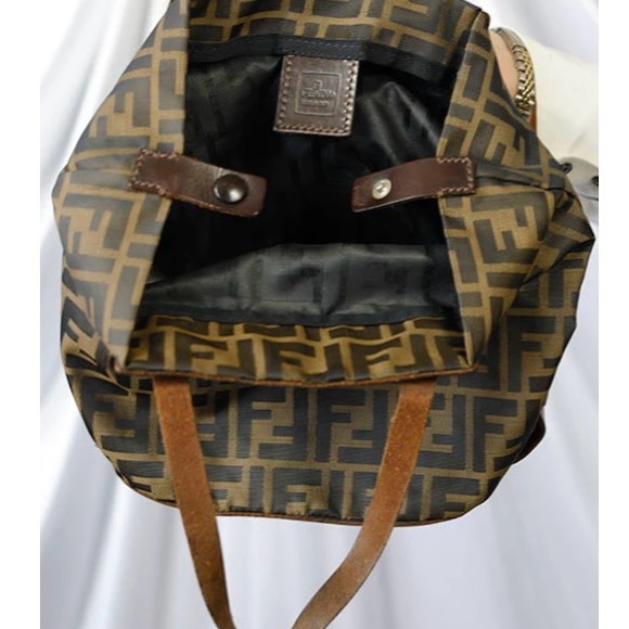 FENDI ZUCCA VINTAGE FOLDABLE NYLON/LEATHER MONOGRAM TOTE/ HANDBAG “DOUBLE F’S” - Picture 7 of 16